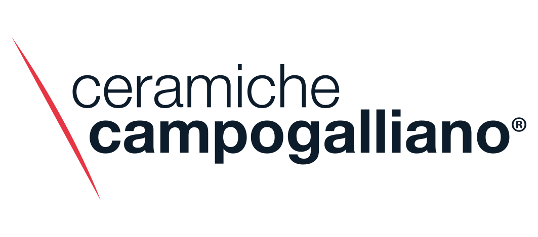 Il logo di Ceramiche Campogalliano. Una scheggia elegante di colore rosso affianca il nome dell'azienda.